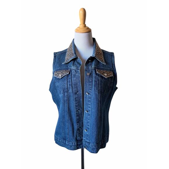 Christine Alexander Cowgirl Western Denim Bejeweled Bling Rhinestones Vest- Sz L - Picture 2 of 9